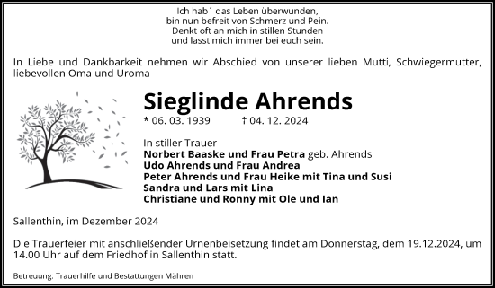 Traueranzeige von Sieglinde Ahrends von Volksstimme Altmark West