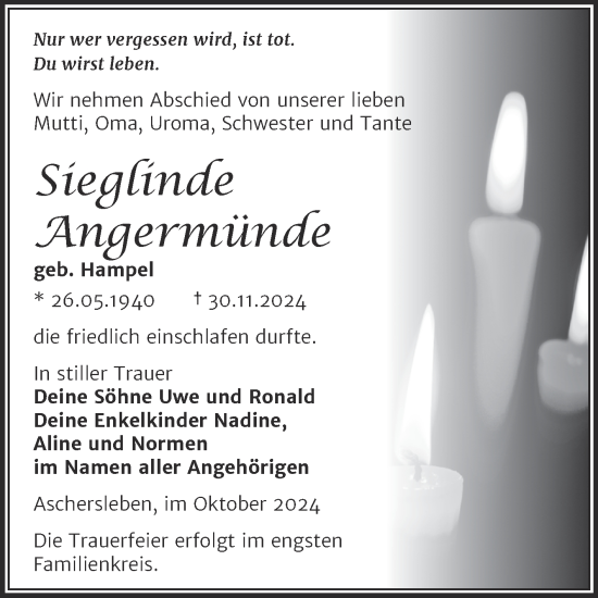 Traueranzeige von Sieglinde Angermünde von Trauerkombi Aschersleben