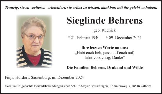 Traueranzeige von Sieglinde Behrens von Volksstimme Oschersleben/Wanzleben