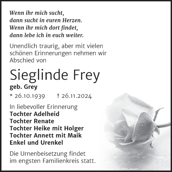 Traueranzeige von Sieglinde Frey von Trauerkombi Wittenberg