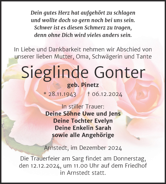 Traueranzeige von Sieglinde Gonter von Trauerkombi Mansfelder Land