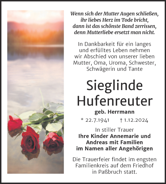 Traueranzeige von Sieglinde Hufenreuter von Trauerkombi Sangerhausen