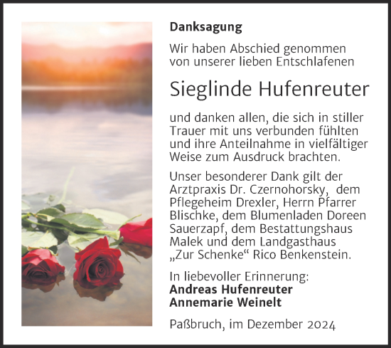 Traueranzeige von Sieglinde Hufenreuter von Trauerkombi Sangerhausen
