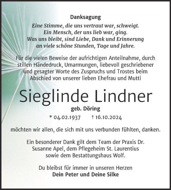 Traueranzeige von Sieglinde Lindner von Trauerkombi Weißenfels