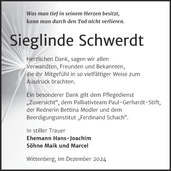Traueranzeige von Sieglinde Schwerdt von Trauerkombi Wittenberg