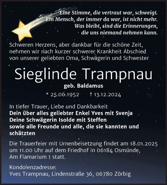 Traueranzeige von Sieglinde Trampnau von Trauerkombi Bitterfeld