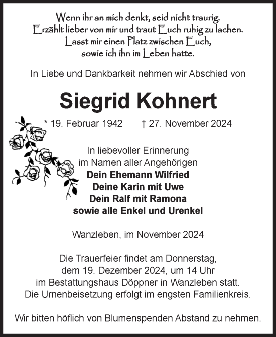 Traueranzeige von Siegrid Kohnert von Volksstimme Oschersleben/Wanzleben