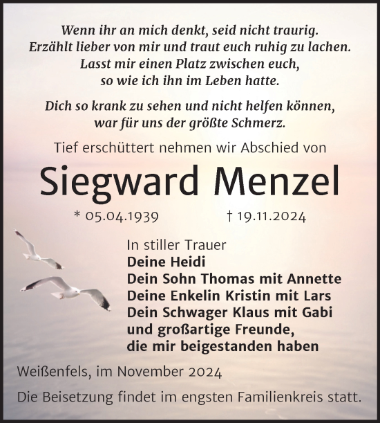 Traueranzeige von Siegward Menzel von Trauerkombi Weißenfels