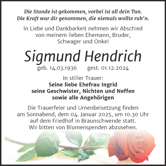 Traueranzeige von Sigmund Hendrich von Trauerkombi Mansfelder Land
