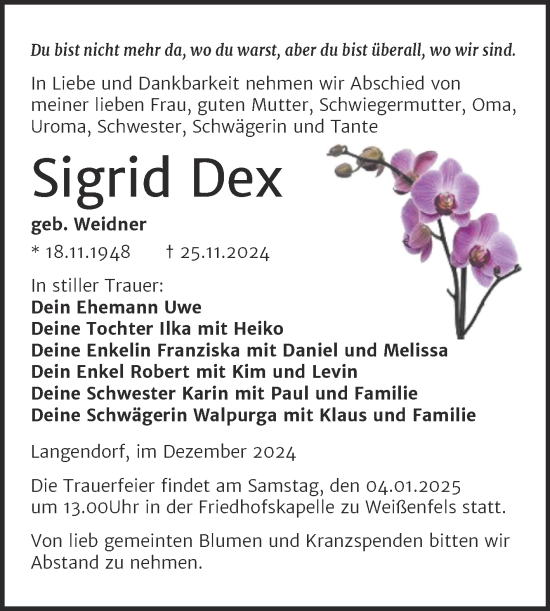 Traueranzeige von Sigrid Dex von Trauerkombi Weißenfels