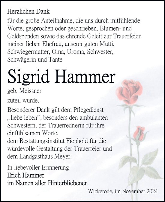 Traueranzeige von Sigrid Hammer von Trauerkombi Sangerhausen