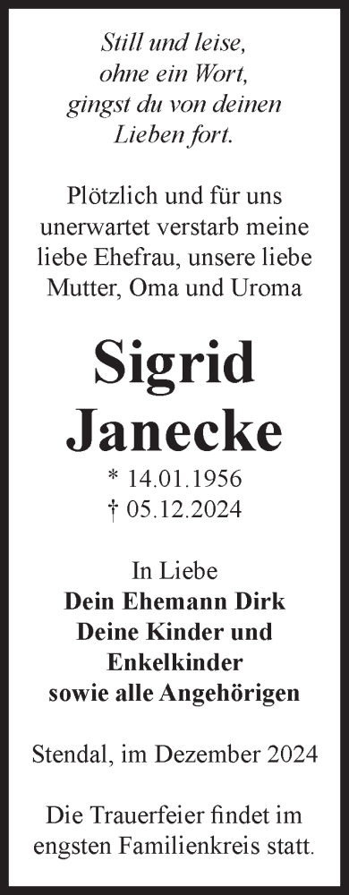 Traueranzeige von Sigrid Janecke von Volksstimme Altmark Ost