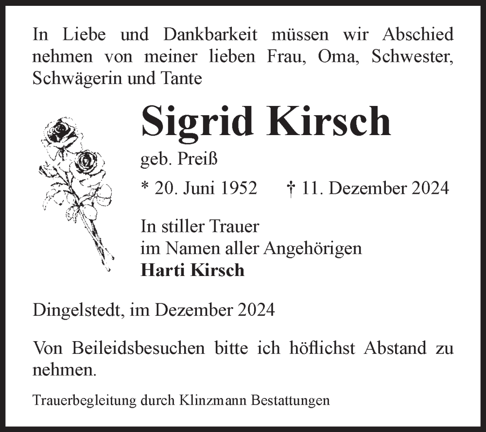  Traueranzeige für Sigrid Kirsch vom 21.12.2024 aus Volksstimme Halberstadt