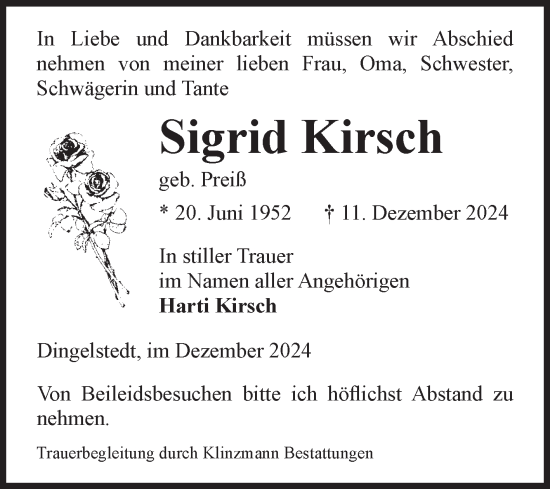 Traueranzeige von Sigrid Kirsch von Volksstimme Halberstadt