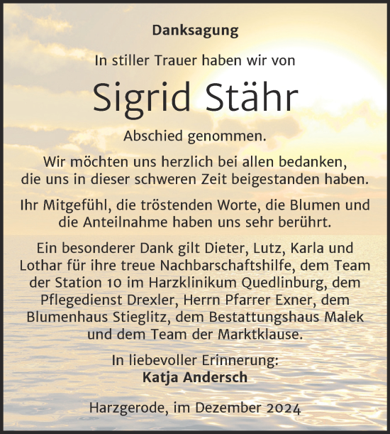 Traueranzeige von Sigrid Stähr von Trauerkombi Quedlinburg