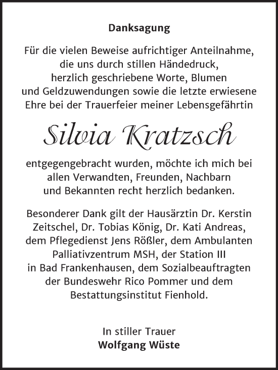 Traueranzeige von Silvia Kratzsch von Trauerkombi Sangerhausen