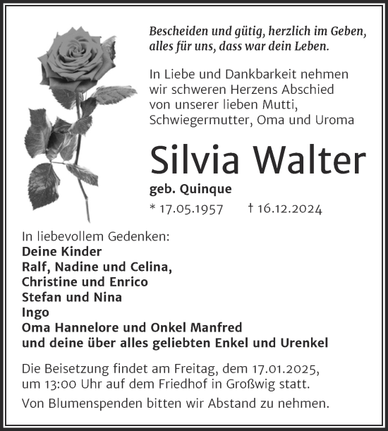 Traueranzeige von Silvia Walter von Trauerkombi Wittenberg