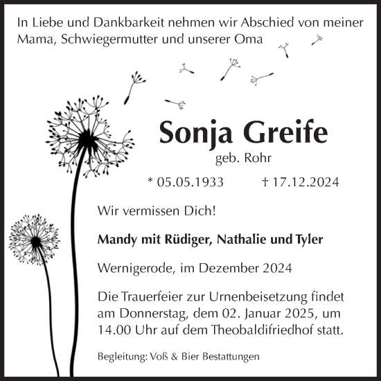 Traueranzeige von Sonja Greife von Volksstimme Wernigerode