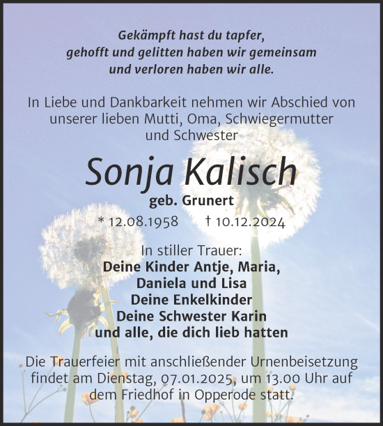 Traueranzeige von Sonja Kalisch von Trauerkombi Quedlinburg