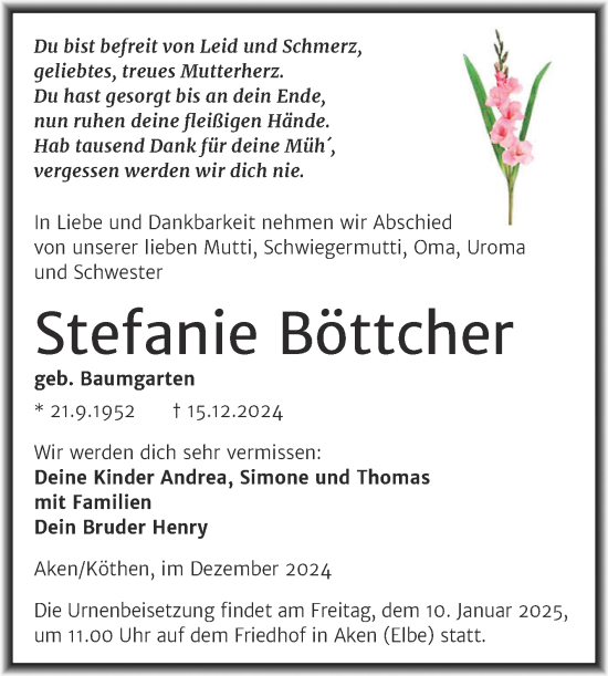 Traueranzeige von Stefanie Böttcher von Trauerkombi Köthen