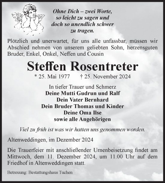 Traueranzeige von Steffen Rosentreter von Volksstimme Oschersleben/Wanzleben