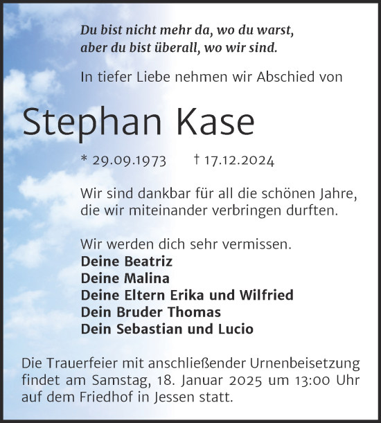 Traueranzeige von Stephan Kase von Trauerkombi Wittenberg