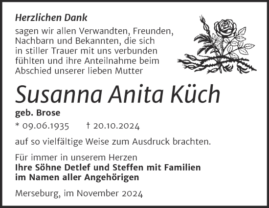 Traueranzeige von Susanna Anita Küch von Trauerkombi Merseburg