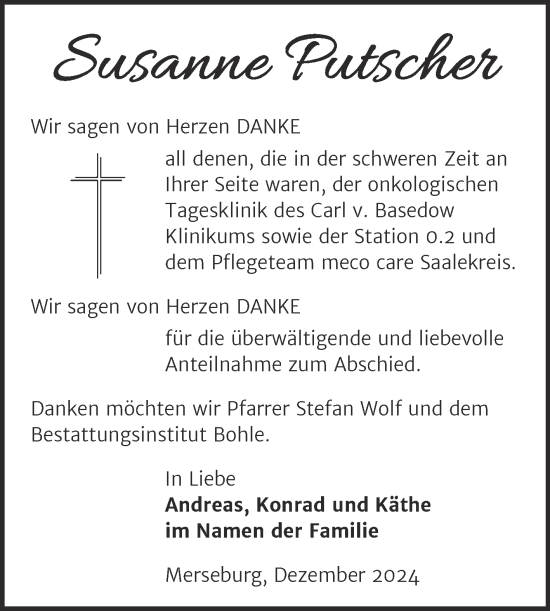 Traueranzeige von Susanne Putscher von Trauerkombi Merseburg
