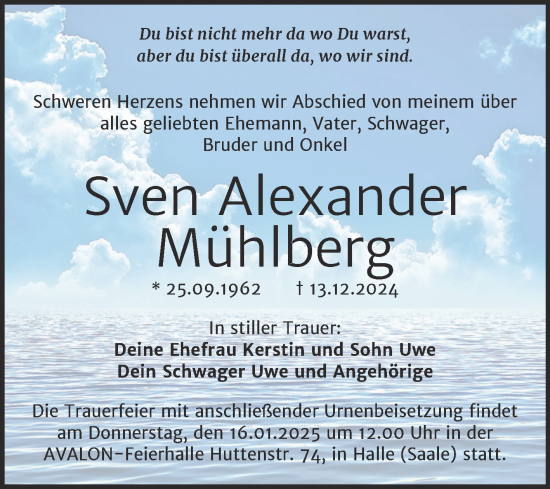 Traueranzeige von Sven Alexander Mühlberg von Mitteldeutsche Zeitung Halle/Saalkreis