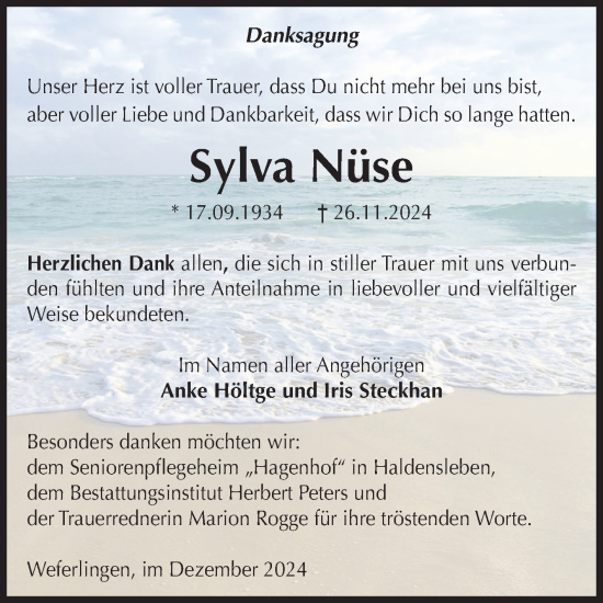 Traueranzeige von Sylva Nüse von Volksstimme Haldensleben/Wolmirstedt