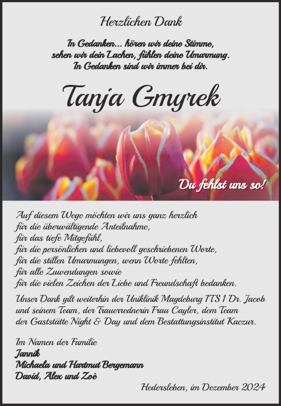 Traueranzeige von Tanja Gmyrek von Super Sonntag Quedlingburg