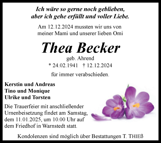 Traueranzeige von Thea Becker von Trauerkombi Quedlinburg