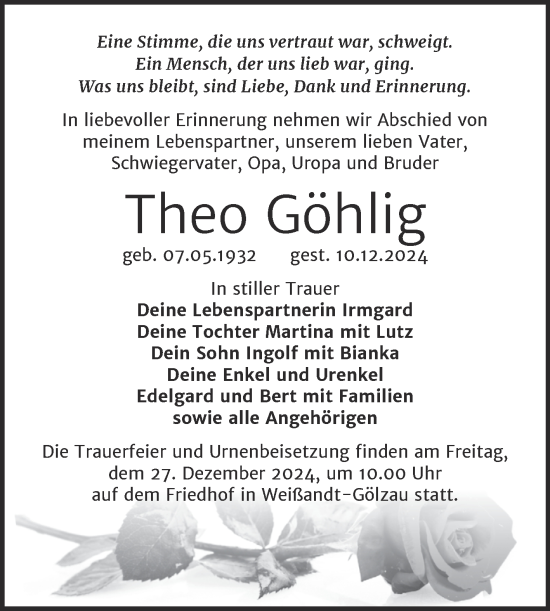 Traueranzeige von Theo Göhlig von Trauerkombi Köthen