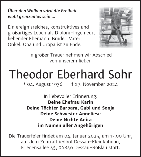 Traueranzeige von Theodor Eberhard Sohr von Trauerkombi Dessau