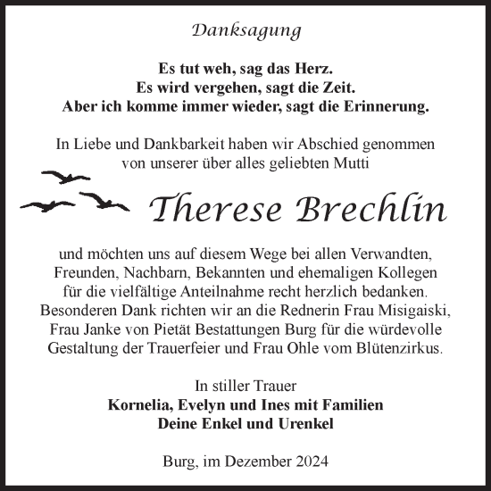 Traueranzeige von Therese Brechlin von Volksstimme Burg/Genthin