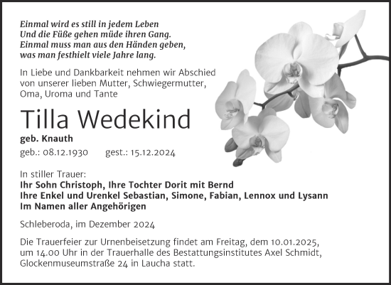 Traueranzeige von Tilla Wedekind von Naumburger Tageblatt