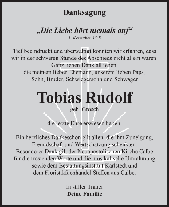 Traueranzeige von Tobias Rudolf von Volksstimme Schönebeck