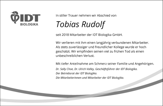 Traueranzeige von Tobias Rudolf von Volksstimme Schönebeck