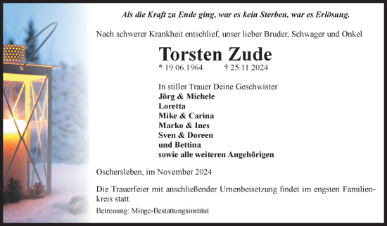 Traueranzeige von Torsten Zude von Volksstimme Oschersleben/Wanzleben