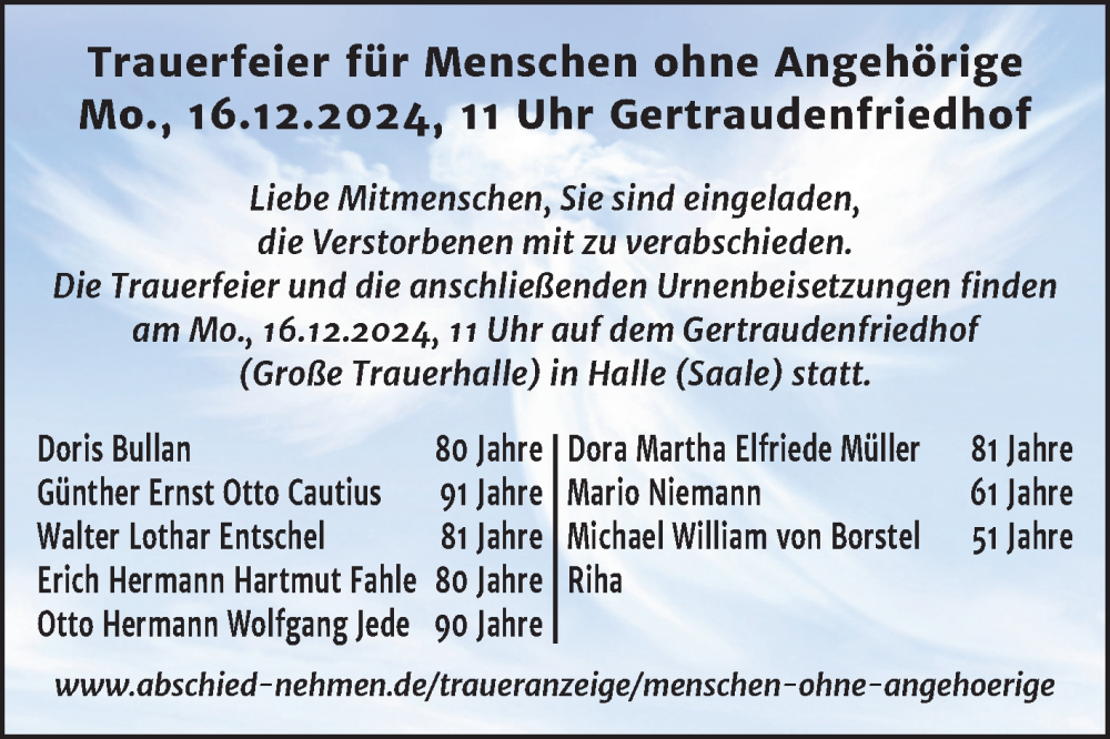  Traueranzeige für Menschen ohne Angehörige  vom 14.12.2024 aus Mitteldeutsche Zeitung Halle/Saalkreis