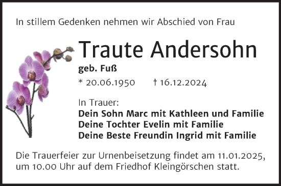 Traueranzeige von Traute Andersohn von Trauerkombi Weißenfels