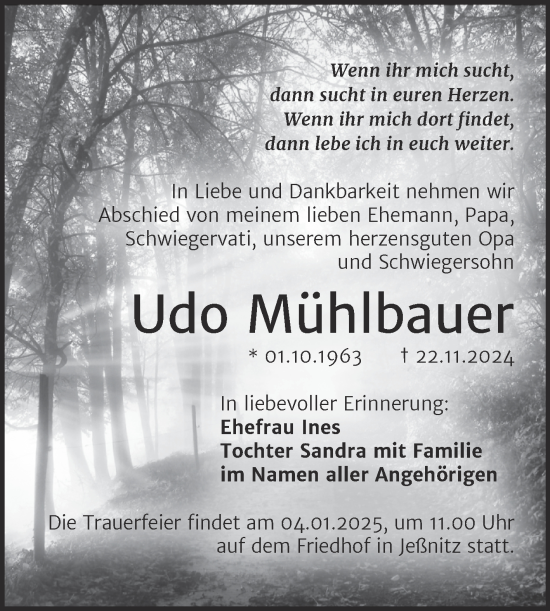 Traueranzeige von Udo Mühlbauer von Trauerkombi Bitterfeld