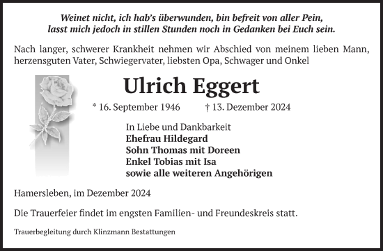 Traueranzeige von Ulrich Eggert von Volksstimme Oschersleben/Wanzleben