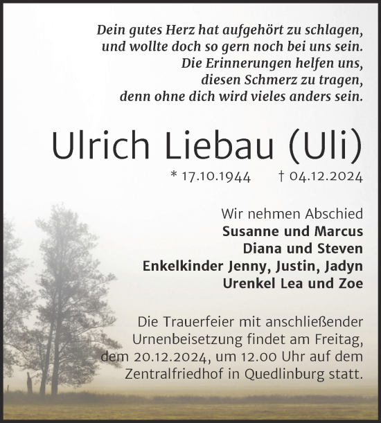 Traueranzeige von Ulrich Liebau von Trauerkombi Quedlinburg
