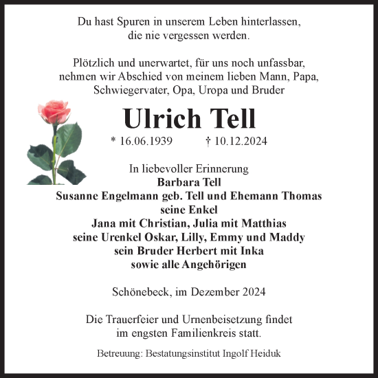 Traueranzeige von Ulrich Tell von Volksstimme Schönebeck