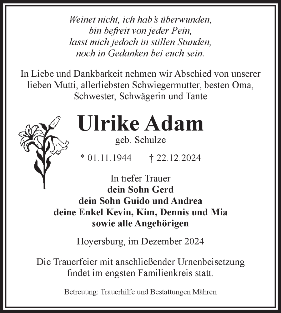  Traueranzeige für Ulrike Adam vom 28.12.2024 aus Volksstimme Altmark West