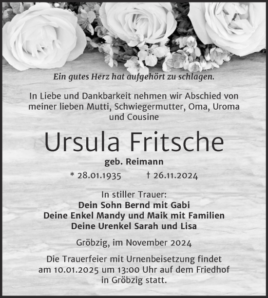 Traueranzeige von Ursula Fritsche von Trauerkombi Köthen