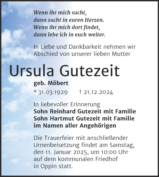 Traueranzeige von Ursula Gutezeit von Mitteldeutsche Zeitung Halle/Saalkreis