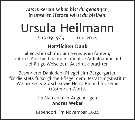 Traueranzeige von Ursula Heilmann von Trauerkombi Bernburg