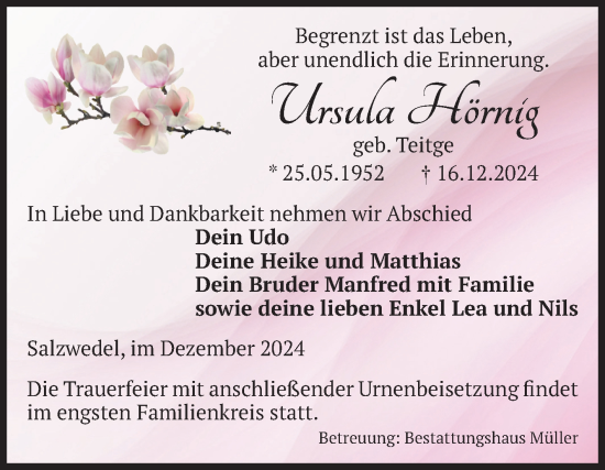 Traueranzeige von Ursula Hörnig von Volksstimme Altmark West